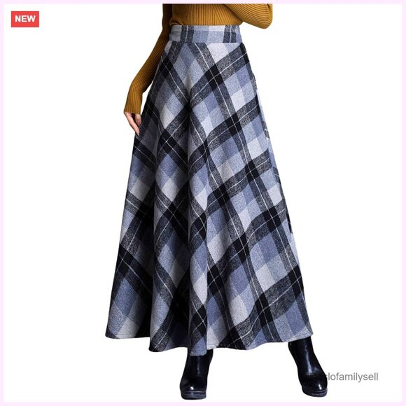 Dresses & Skirts - Wool Plaid Maxi Skirt High Waist A-Line with Pockets Winter Warm